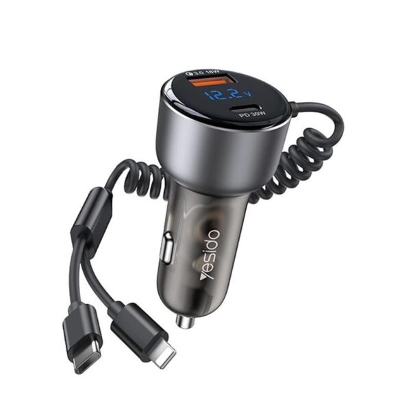 YESIDO Y58 60W PD + QC3.0 Dual Port Car Charger with Type-C Lightning Cable - Image 2