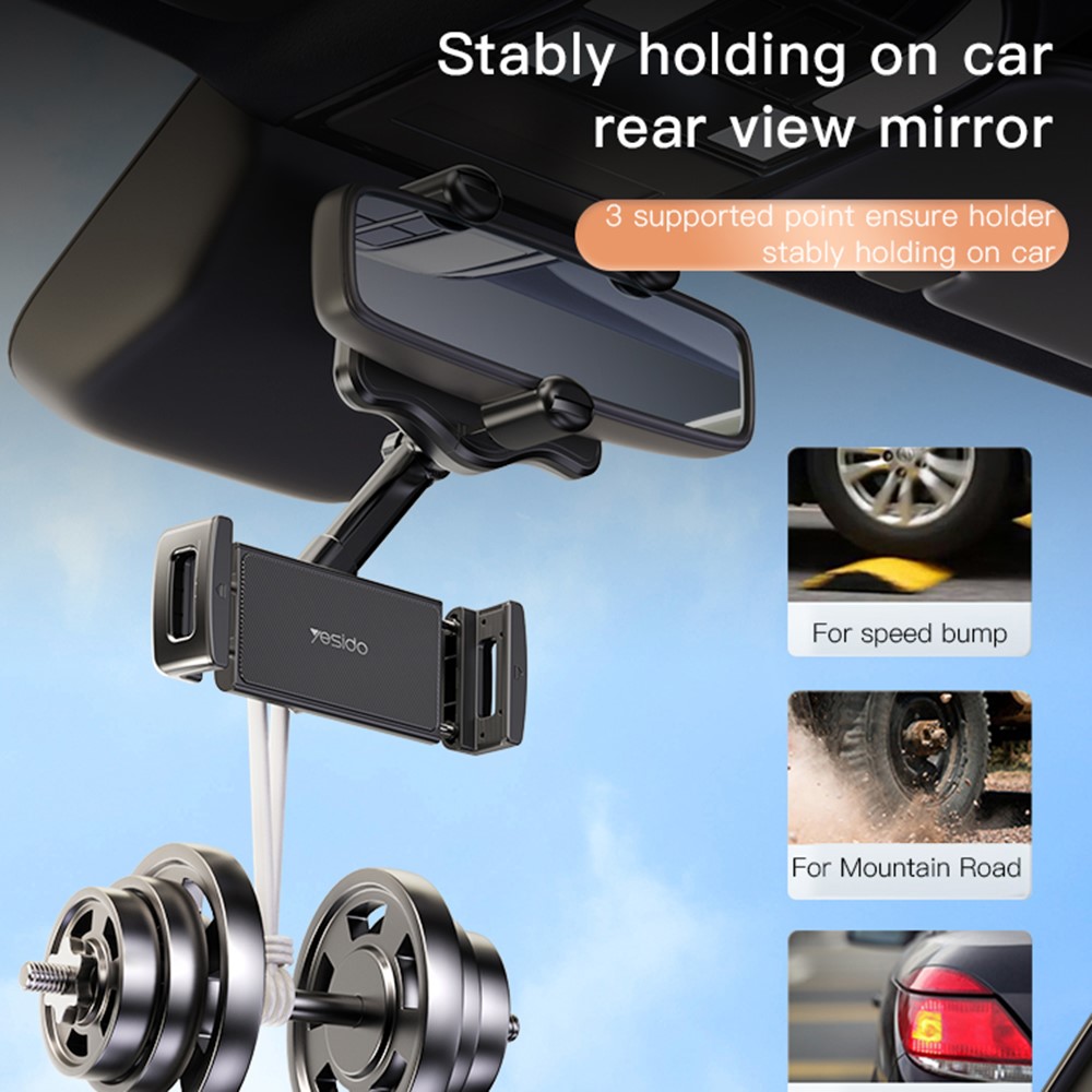 YESIDO C196 Car Rearview Mirror Phone Holder 360 Degrees Rotating ABS Cellphone Bracket - Image 2