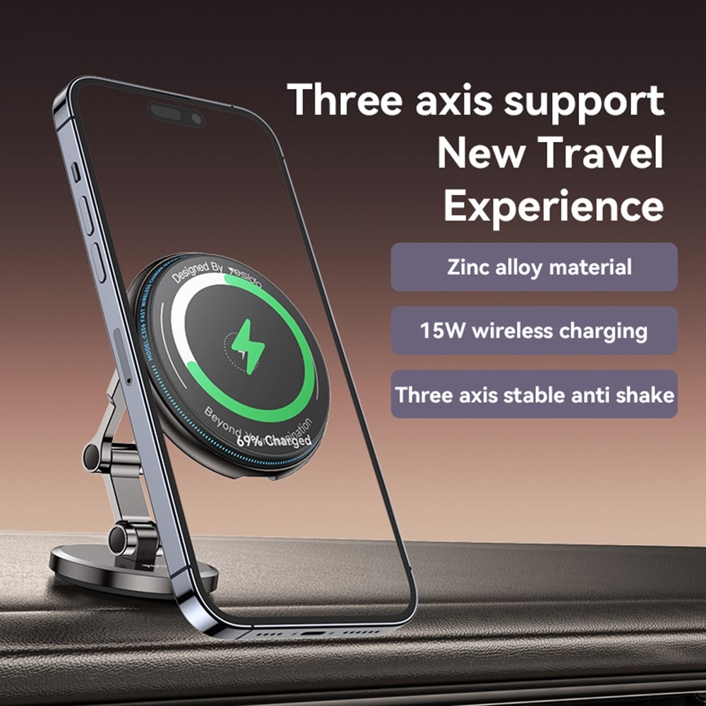 YESIDO C306 15W Magnetic Phone Wireless Charger Zinc Alloy Car Dashboard Phone Charging Stand - Image 3