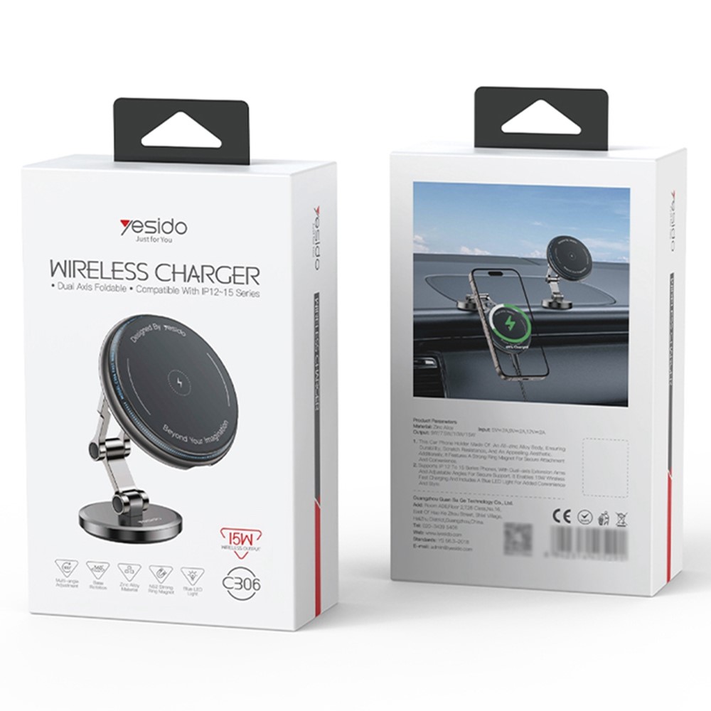 YESIDO C306 15W Magnetic Phone Wireless Charger Zinc Alloy Car Dashboard Phone Charging Stand - Image 8