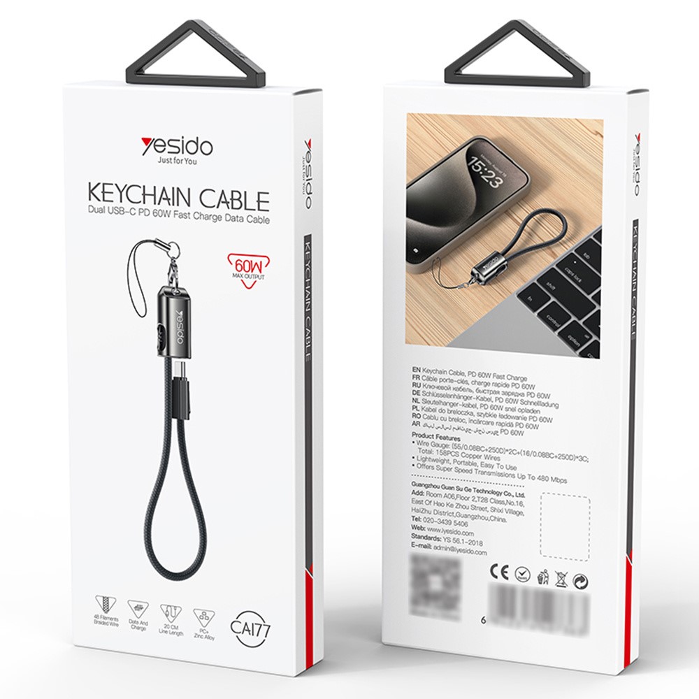 YESIDO CA177 20cm USB C to USB C Data Cable PD 60W Fast Charging Wire with Lanyard - Image 6