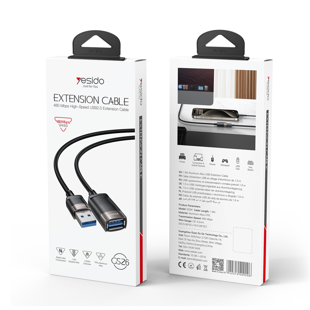 YESIDO GS26 1.5m USB 2.0 Extension Cable 480Mbps High Speed TPE Wire for Keyboard / Mouse / Printer - Image 8