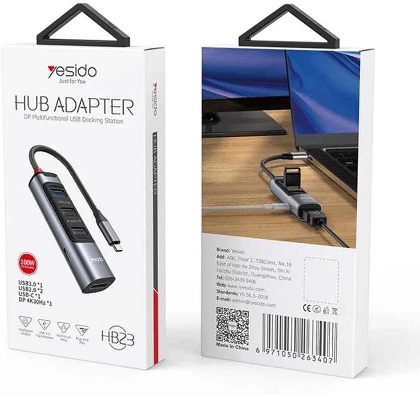 YESIDO HB23 5-in-1 Type-C Hub Adapter Multi Port USB-C Docking Station with USB3.0+2 USB2.0+DP+PD 100W - Image 5