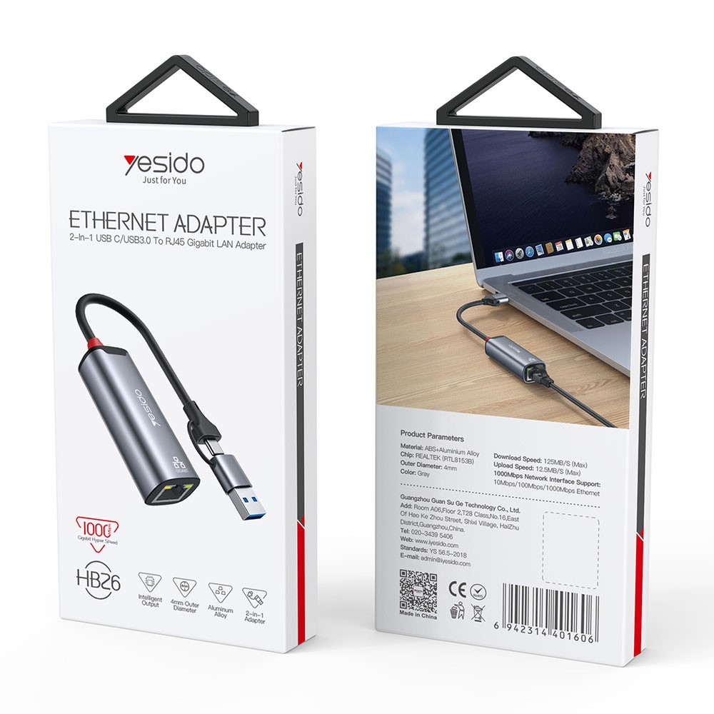 YESIDO HB26 USB+Type-C 2-in-1 Gigabit Ethernet Converter for PC / Mobile Phone / Tablet - Image 6