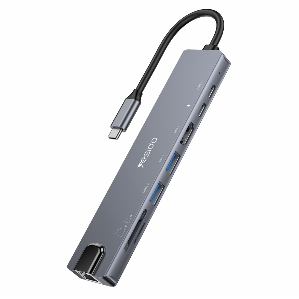YESIDO HB27 8-in-1 USB Hub Docking Station Type-C to 2xUSB3.0 + USB-C3.0 Data + PD 100W + RJ45 + SD / TF + 4K HD Adapter - Image 2