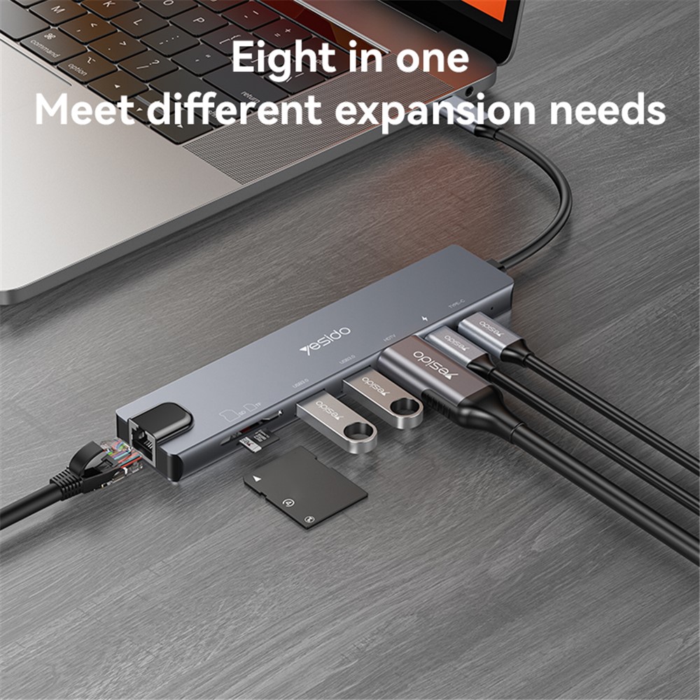 YESIDO HB27 8-in-1 USB Hub Docking Station Type-C to 2xUSB3.0 + USB-C3.0 Data + PD 100W + RJ45 + SD / TF + 4K HD Adapter