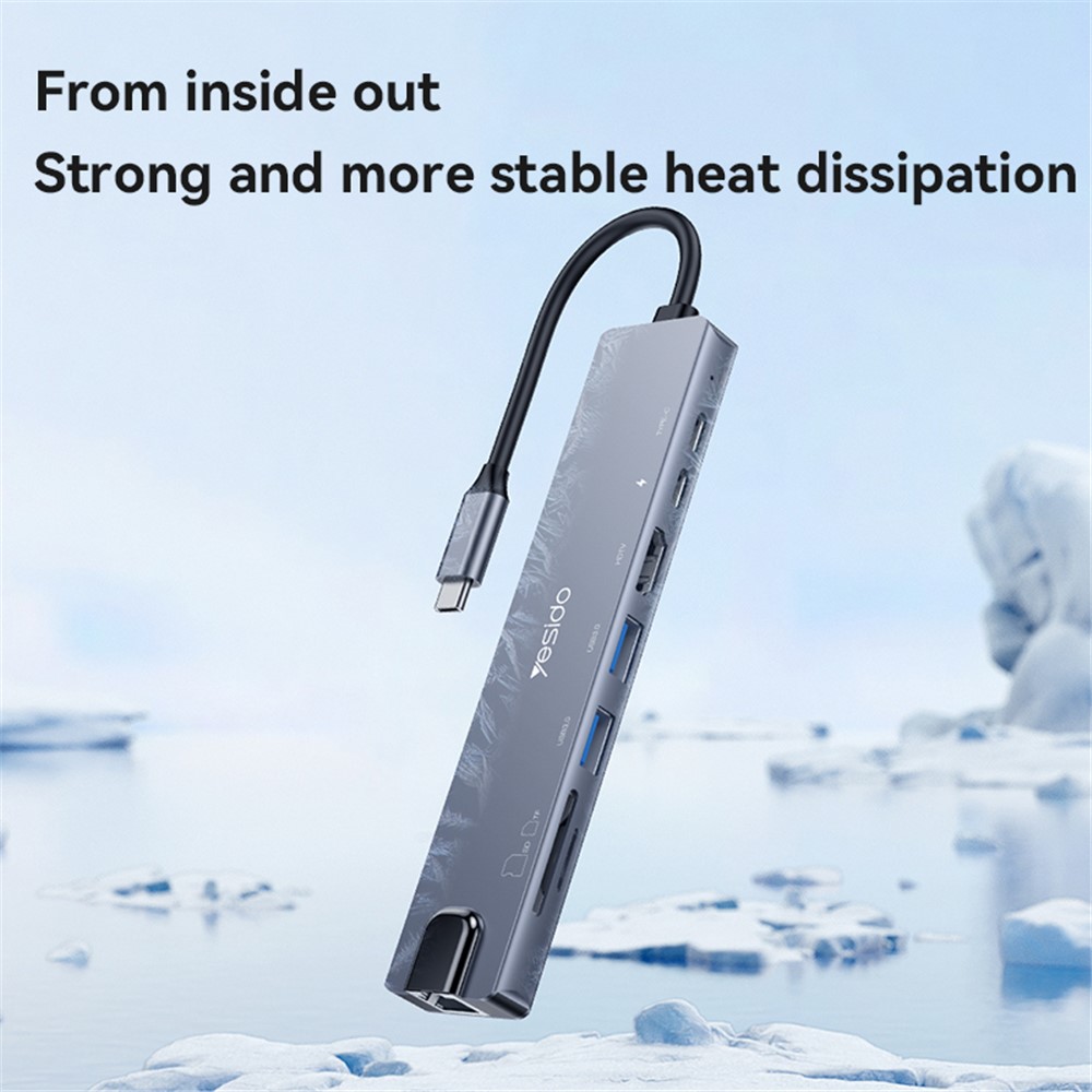 YESIDO HB27 8-in-1 USB Hub Docking Station Type-C to 2xUSB3.0 + USB-C3.0 Data + PD 100W + RJ45 + SD / TF + 4K HD Adapter - Image 3