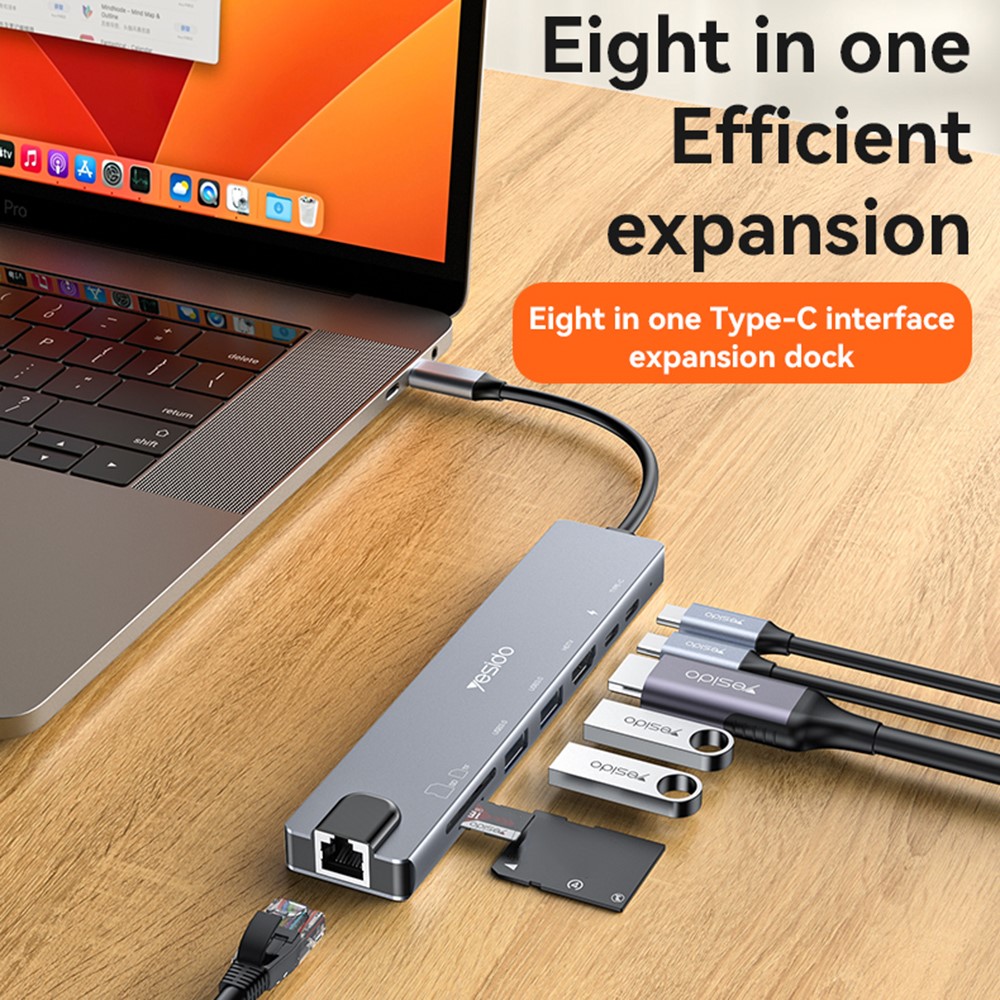 YESIDO HB27 8-in-1 USB Hub Docking Station Type-C to 2xUSB3.0 + USB-C3.0 Data + PD 100W + RJ45 + SD / TF + 4K HD Adapter - Image 5