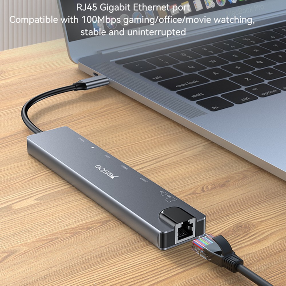 YESIDO HB27 8-in-1 USB Hub Docking Station Type-C to 2xUSB3.0 + USB-C3.0 Data + PD 100W + RJ45 + SD / TF + 4K HD Adapter - Image 7