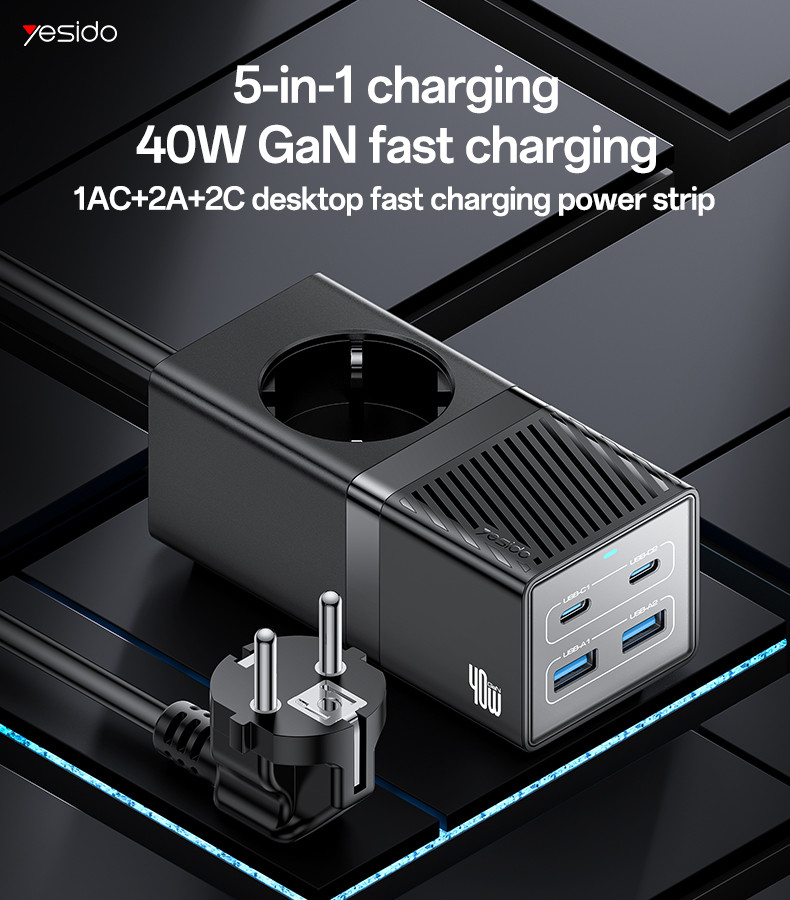 YESIDO MC35 40W GaN Power Strip USB-C USB-A Desktop Fast Charging Station - EU Plug - Image 3