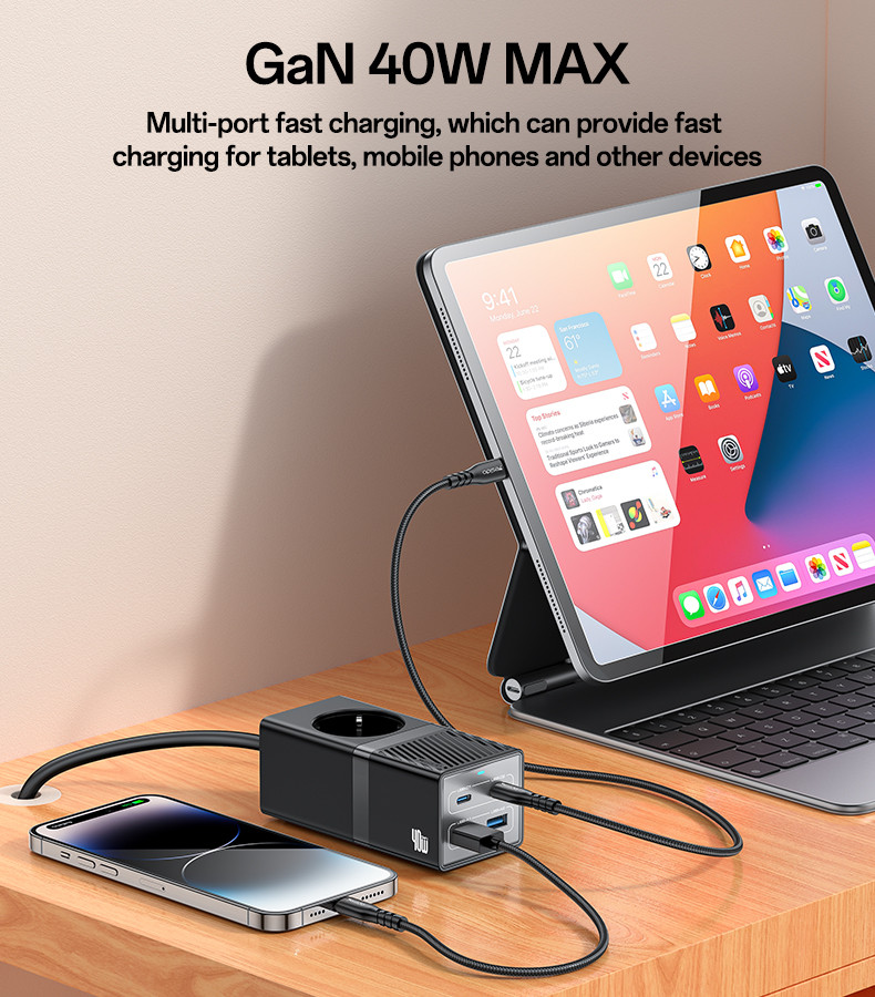 YESIDO MC35 40W GaN Power Strip USB-C USB-A Desktop Fast Charging Station - EU Plug - Image 4