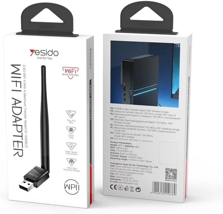 YESIDO WP11 2.4GHz 150Mbps High Speed WiFi4 Wireless Dongle USB Adapter with External Antenna
