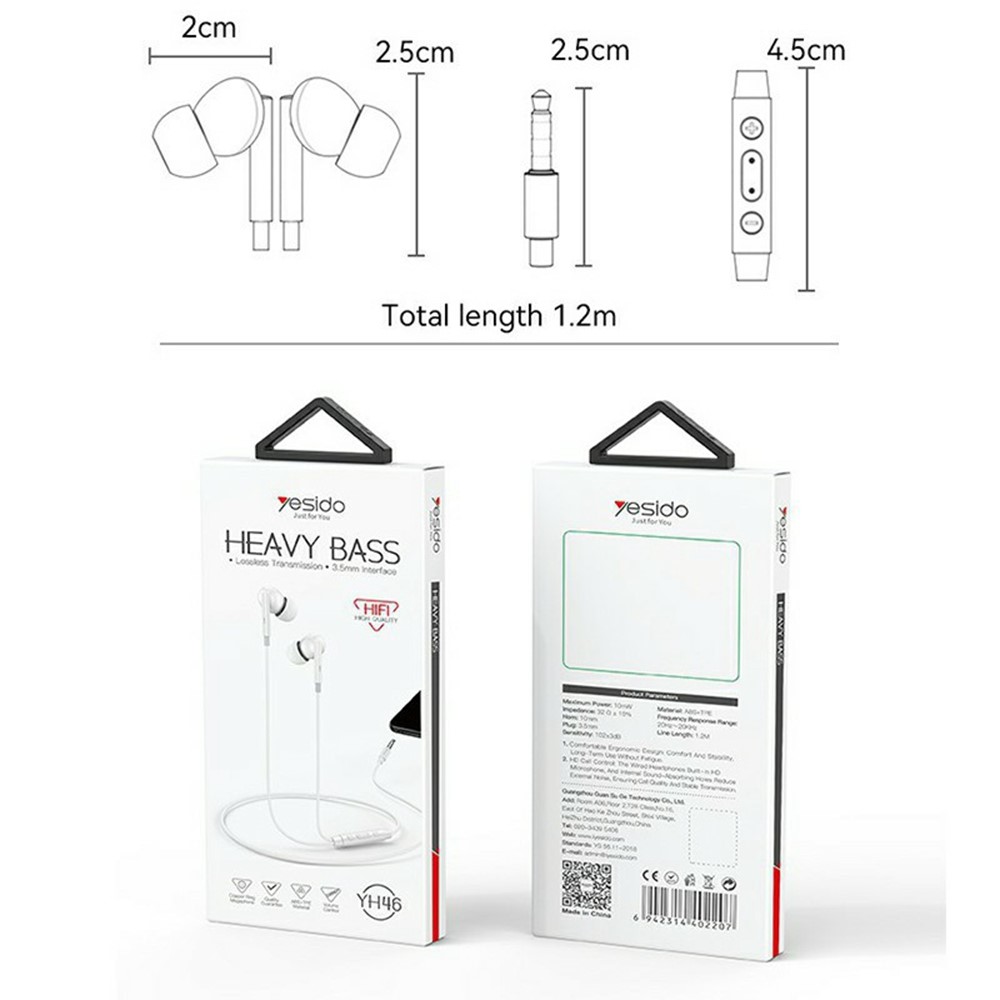 YESIDO YH46 3.5mm Wired Earphones with Micphone One-Button Control Corded Headphones for Calls / Music - White - Image 7