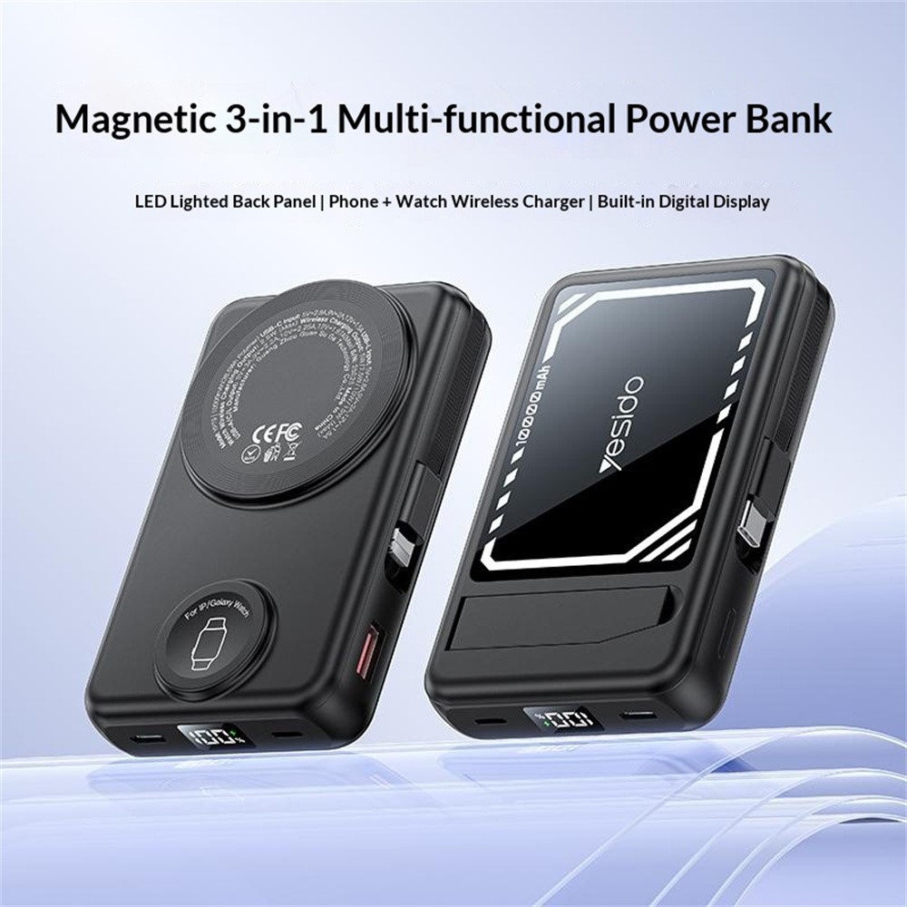 YESIDO YP79 10000mAh Digital Display Power Bank Built-in Cable Magnetic Wireless Charger for Phone / Smartwatch - Image 4