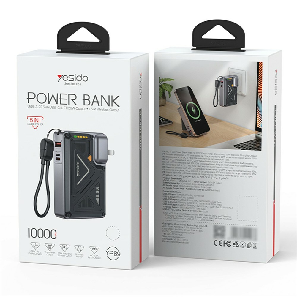 YESIDO YP89 AC + DC Wireless Charging 10000mAh Power Bank with Stand iP / USB / Type C Multi Port 22.5W Fast Charger - EU Plug - Image 7