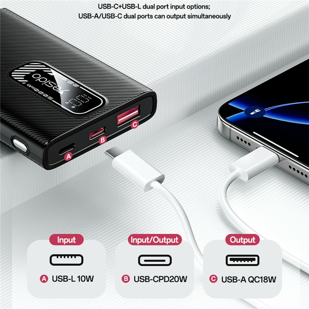 YESIDO YP92 5000mAh Power Bank Ultra Thin 22.5W Fast Charging Digital Display Portable Charger with Dual Outputs - Image 3