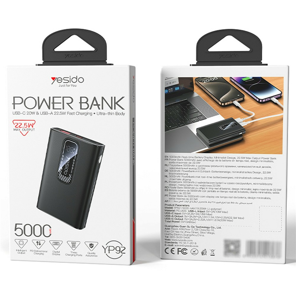 YESIDO YP92 5000mAh Power Bank Ultra Thin 22.5W Fast Charging Digital Display Portable Charger with Dual Outputs