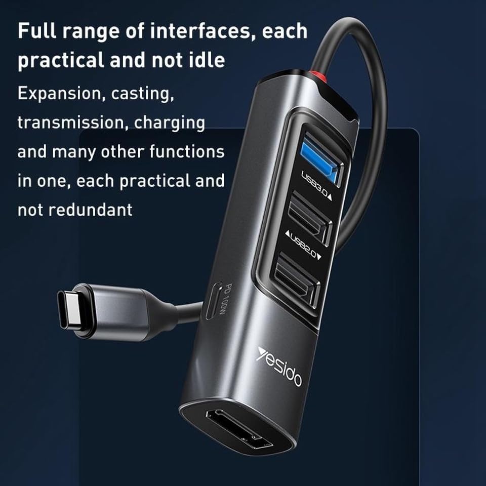 YESIDO HB23 5-in-1 Type-C Hub Adapter Multi Port USB-C Docking Station with USB3.0+2 USB2.0+DP+PD 100W - Image 2