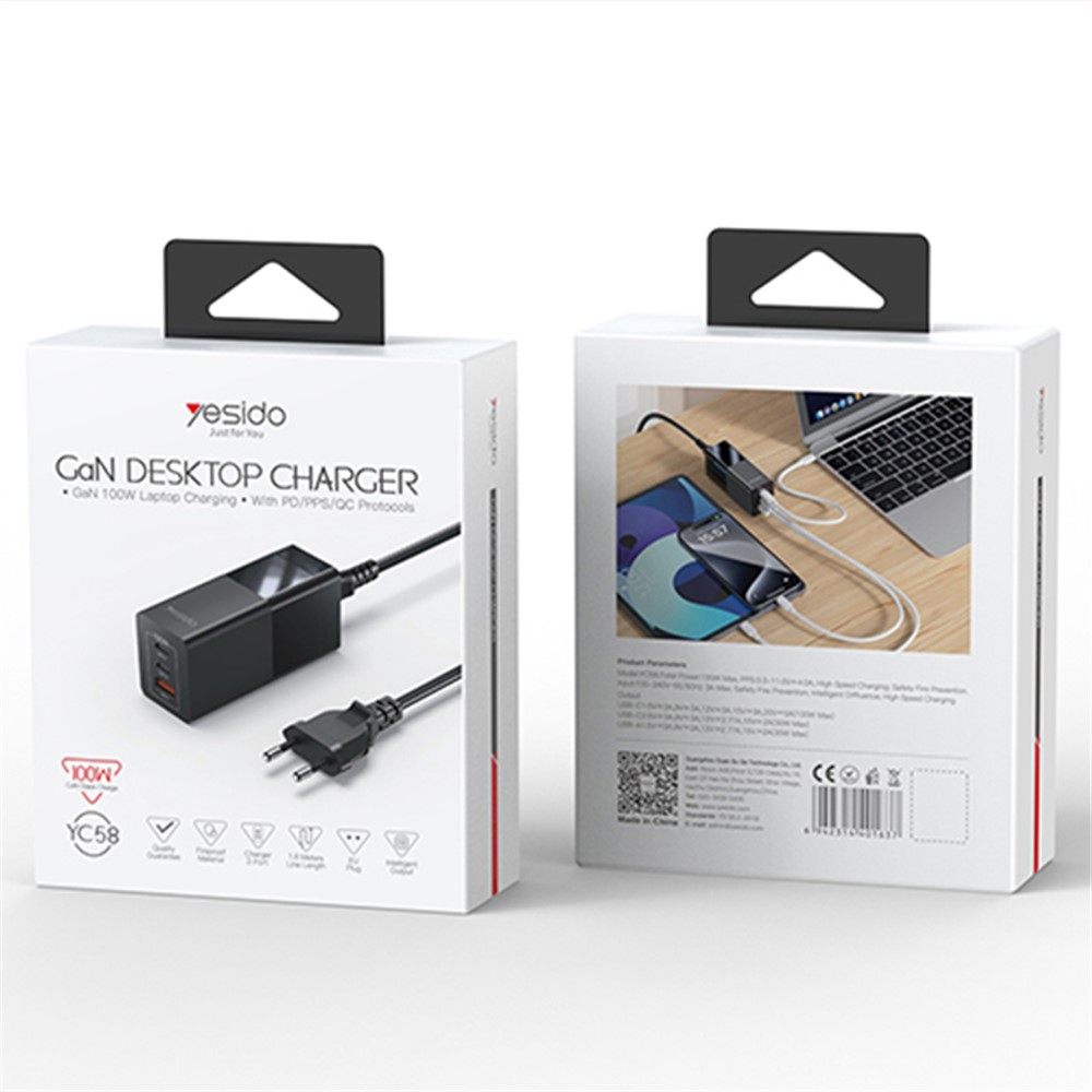 YESIDO YC58 GaN Desktop Charger USB+2 Type-C Charging Station for Laptop, Tablet, Cellphone - Image 5