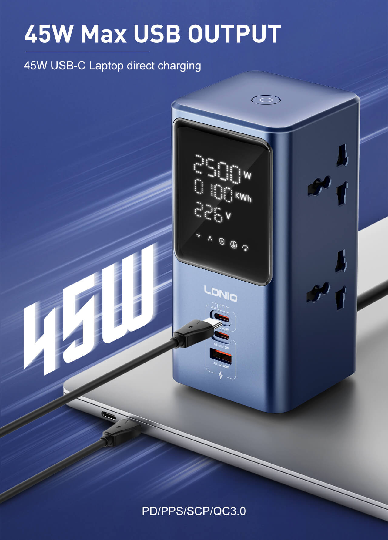 LDNIO SC2 45W PD charger, 2500W universal power strip with LED
