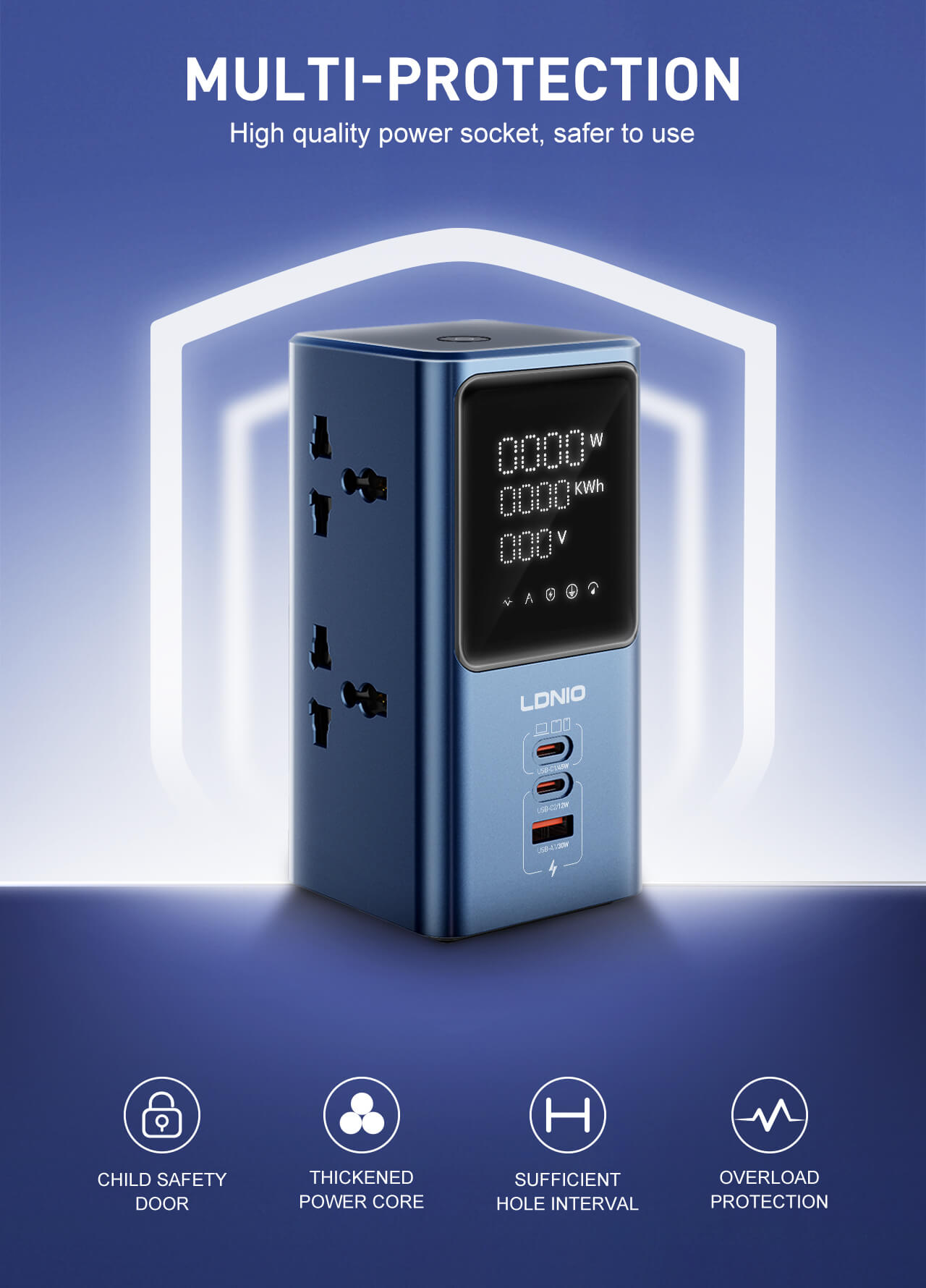 LDNIO SC2 45W PD charger, 2500W universal power strip with LED - Image 3