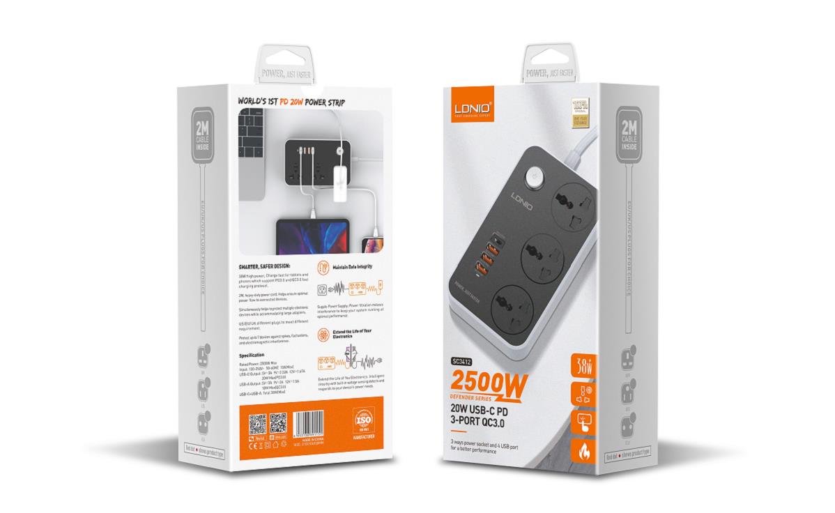 LDNIO SC3412, 3 X AC Outlets Universal Power Strip + 3 Port USB, Type-C - Image 4