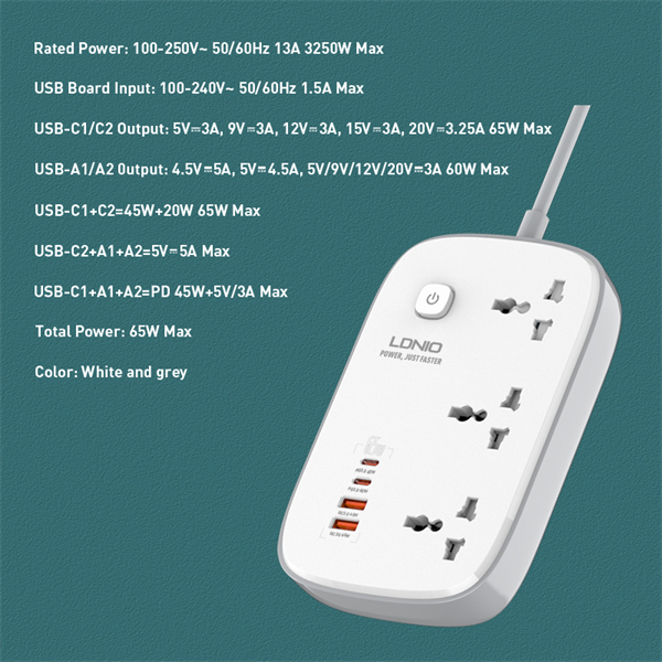 LDNIO SC3416, 3 x AC Outlets, 4 x USB Power Strip - Image 6