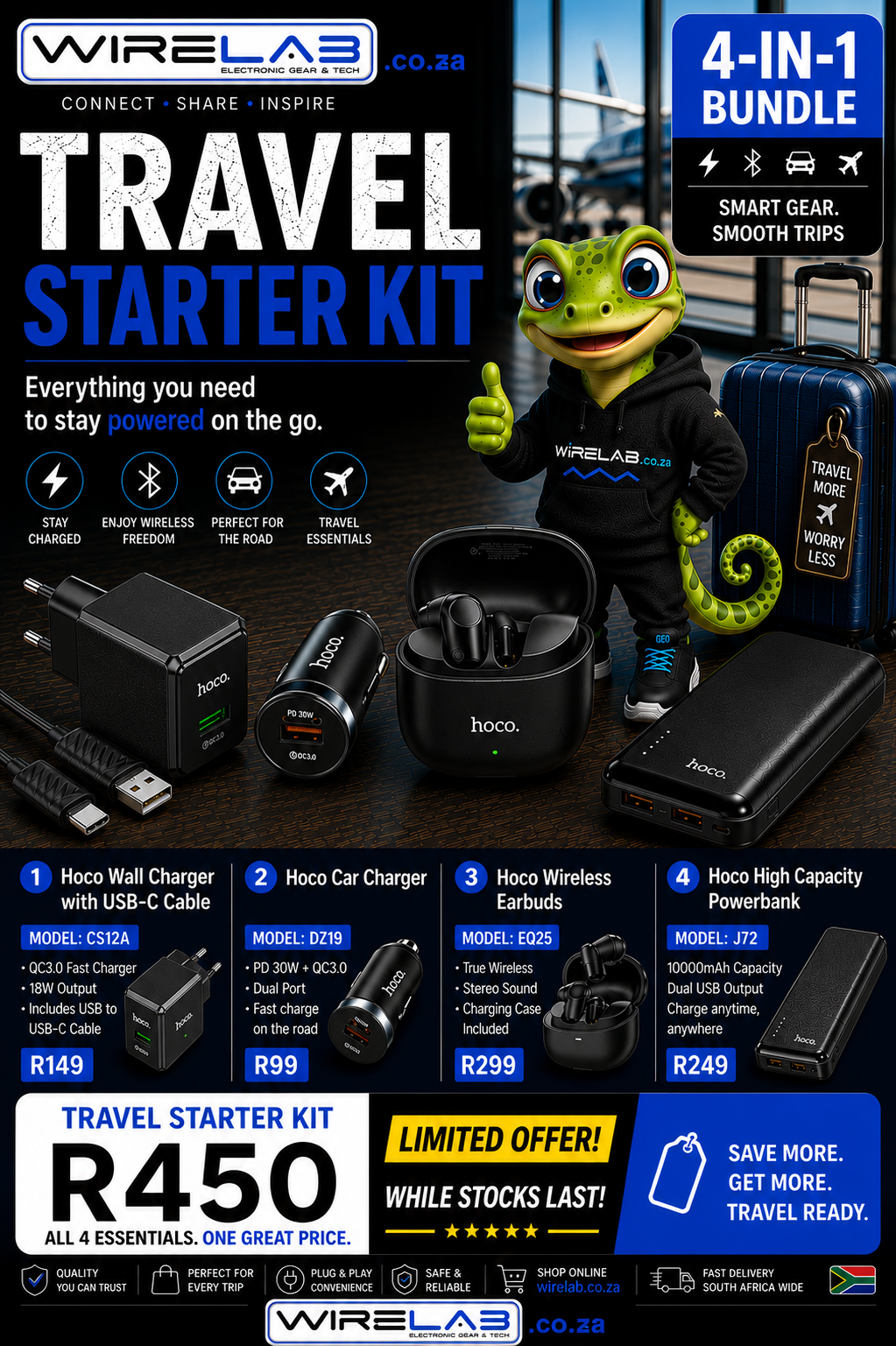 Travel Starter Kit : Wireless Earbuds, 18W Wall Charger, 10000mAh Powerbank,, Car Cigarette Charger
